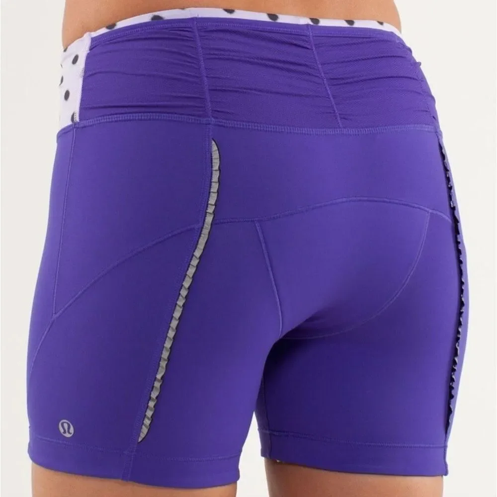 💜 Lululemon Velo Vixen Padded Purple Polka Dot Waistband Cycling Shorts Size 10